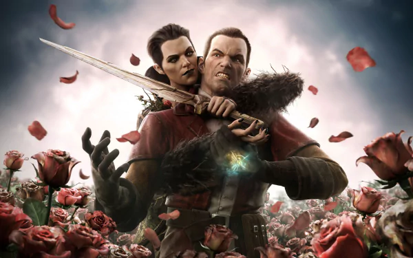 Delilah Kaldwin and Daud from Dishonored: The Brigmore Witches are featured in this dramatic 4K Ultra HD wallpaper, set against a backdrop of vibrant roses.