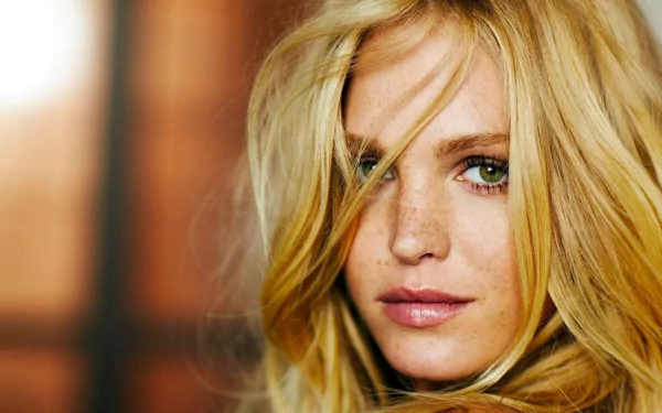 Close-up HD portrait of blonde celebrity Erin Heatherton with green eyes and freckles, captured in a soft, warm light.