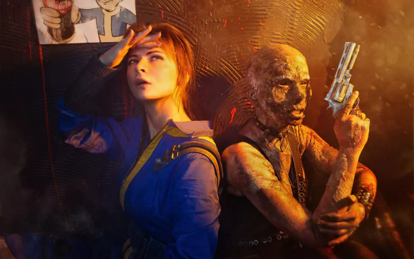 HD PC desktop wallpaper featuring a woman cosplaying as Sole Survivor from Fallout 4, alongside a detailed figure holding a revolver in a gritty, atmospheric setting.