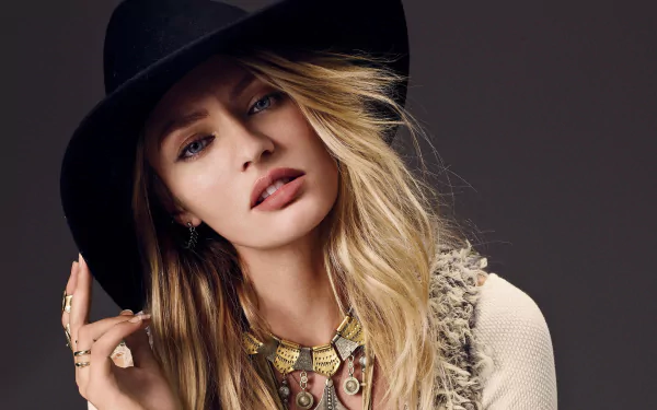 hat necklace blue eyes blonde South African model woman Candice Swanepoel HD Desktop Wallpaper | Background Image