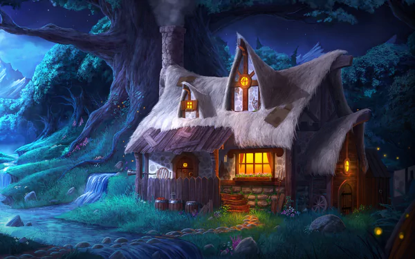 A cozy house nestled in a enchanted forest at night, surrounded by large trees and glowing windows, inspired by the fantasy video game Trine 2.