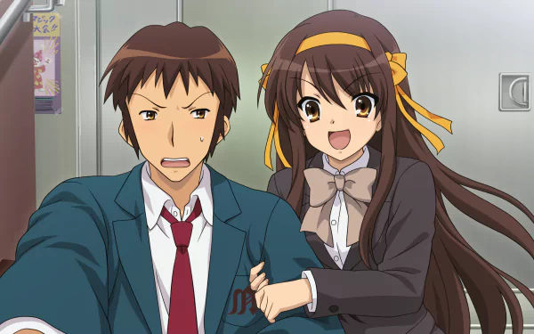 HD anime desktop wallpaper featuring Kyon and Haruhi Suzumiya from The Melancholy of Haruhi Suzumiya, with Haruhi smiling and Kyon looking surprised.