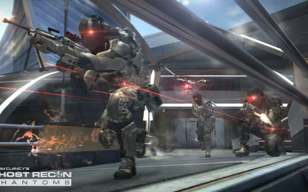 HD PC desktop wallpaper featuring intense combat scenes from the video game Tom Clancy's Ghost Recon Phantoms, with heavily armed soldiers in futuristic gear.