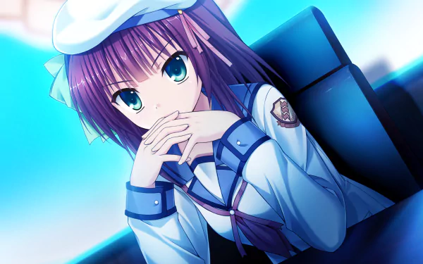 Yuri Nakamura from the anime Angel Beats! is depicted in a serene pose, with a thoughtful expression, set against a vibrant blue background in this HD PC desktop wallpaper.