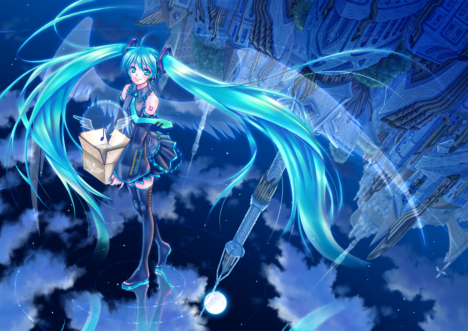 HD PC desktop wallpaper featuring Hatsune Miku from Vocaloid in vibrant anime style with glowing blue tones and magical cityscape elements.