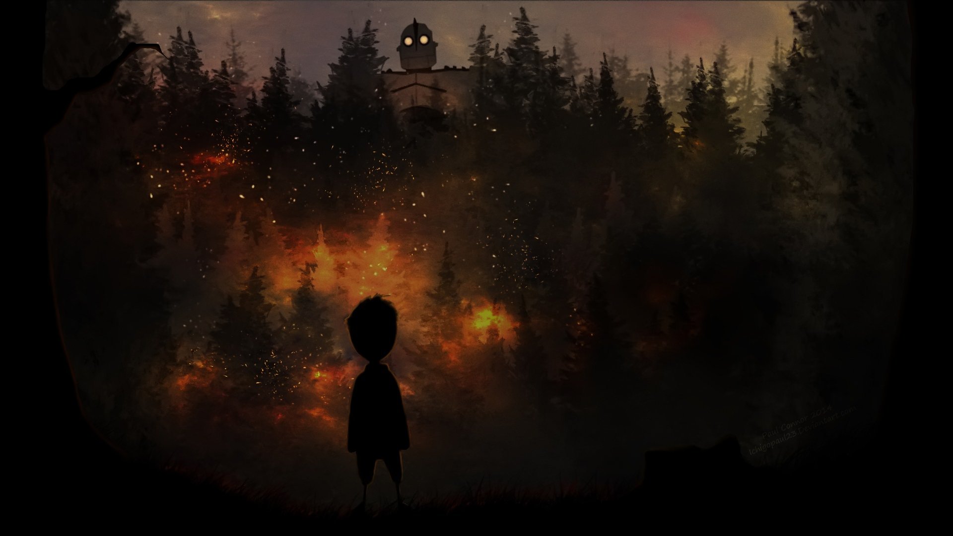 HD desktop wallpaper featuring a dark forest scene with a silhouetted figure, blending elements from Attack on Titan, The Iron Giant, and Limbo video game in a crossover style.