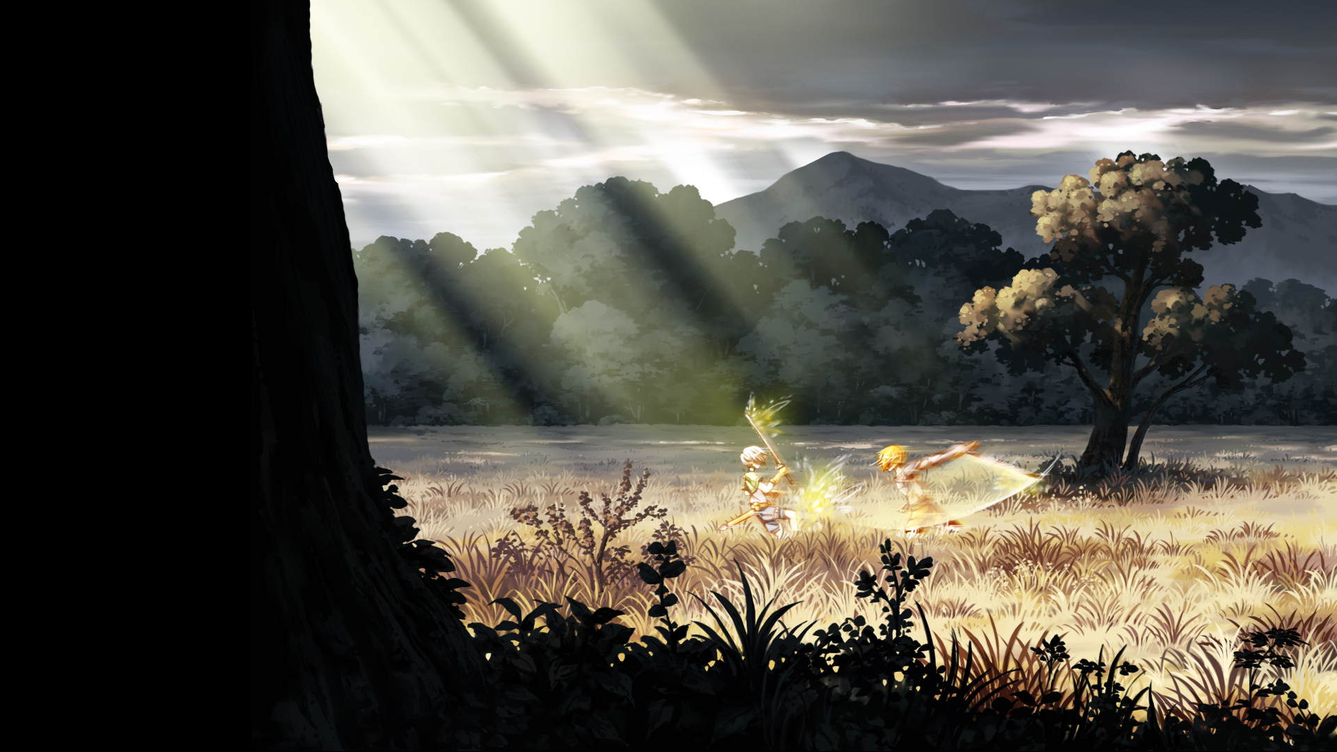 HD anime original desktop wallpaper depicting two glowing characters in a sunlit, shadowed meadow with distant mountains and trees under a cloudy sky.