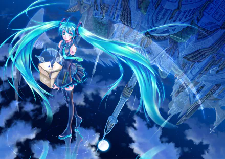 HD PC desktop wallpaper featuring Hatsune Miku from Vocaloid in vibrant anime style with glowing blue tones and magical cityscape elements.