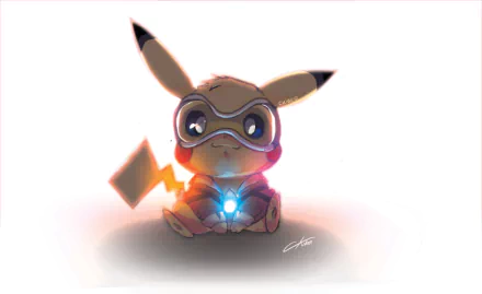 HD wallpaper featuring a cute crossover of Pikachu from Pokémon dressed as Tracer from Overwatch, holding a glowing blue item.