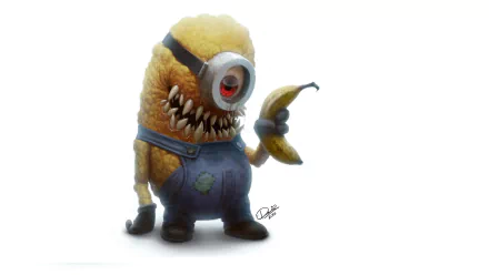 HD desktop wallpaper featuring Stuart from the movie Minions, holding a banana. Stuart has a monstrous appearance with sharp teeth and one large eye.
