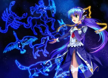 HD anime desktop wallpaper featuring Yumemi Hoshino from Planetarian: The Reverie of a Little Planet, surrounded by glowing blue zodiac constellations against a starry background.