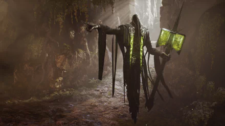 A dark creature from the video game Paragon stands ominously in a shadowy environment, with glowing green elements enhancing its eerie presence. 4K Ultra HD wallpaper.