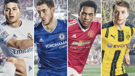 HD desktop wallpaper featuring players from FIFA 17, showcasing athletes in their club kits from Real Madrid, Chelsea, Manchester United, and Borussia Dortmund.
