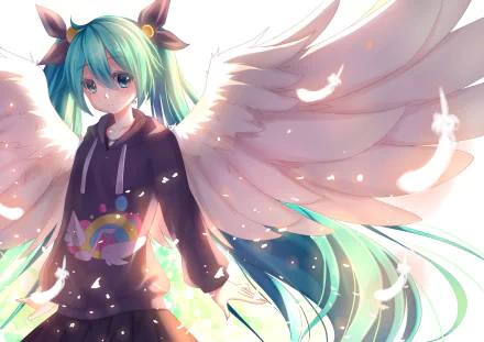 A vibrant HD wallpaper featuring Hatsune Miku, an angelic figure with aqua hair and eyes, long twintails, smiling softly, adorned with wings and feathers.