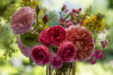A vibrant HD PC desktop wallpaper featuring a vase of pink roses and assorted flowers against a softly blurred natural background.