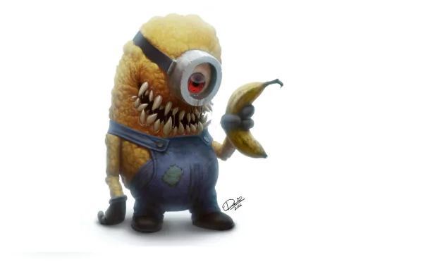 HD desktop wallpaper featuring Stuart from the movie Minions, holding a banana. Stuart has a monstrous appearance with sharp teeth and one large eye.