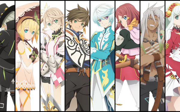 A vibrant HD wallpaper featuring characters from Tales of Zestiria the X: Zaveid, Rose, Lailah, Edna, Dezel, Mikleo, Sorey, and Alisha Diphda, showcasing their unique designs and personalities.