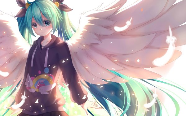 Anime Vocaloid Hatsune Miku Wings Angel Feather Smile Twintails Long Hair Aqua Eyes Aqua Hair HD Wallpaper | Background Image