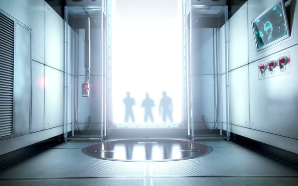 Prey (Video Game) HD PC desktop wallpaper/background: a sterile sci‑fi corridor with a circular platform in the foreground and three backlit silhouettes at a blinding doorway, flanked by monitors and panels.