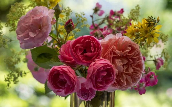 A vibrant HD PC desktop wallpaper featuring a vase of pink roses and assorted flowers against a softly blurred natural background.