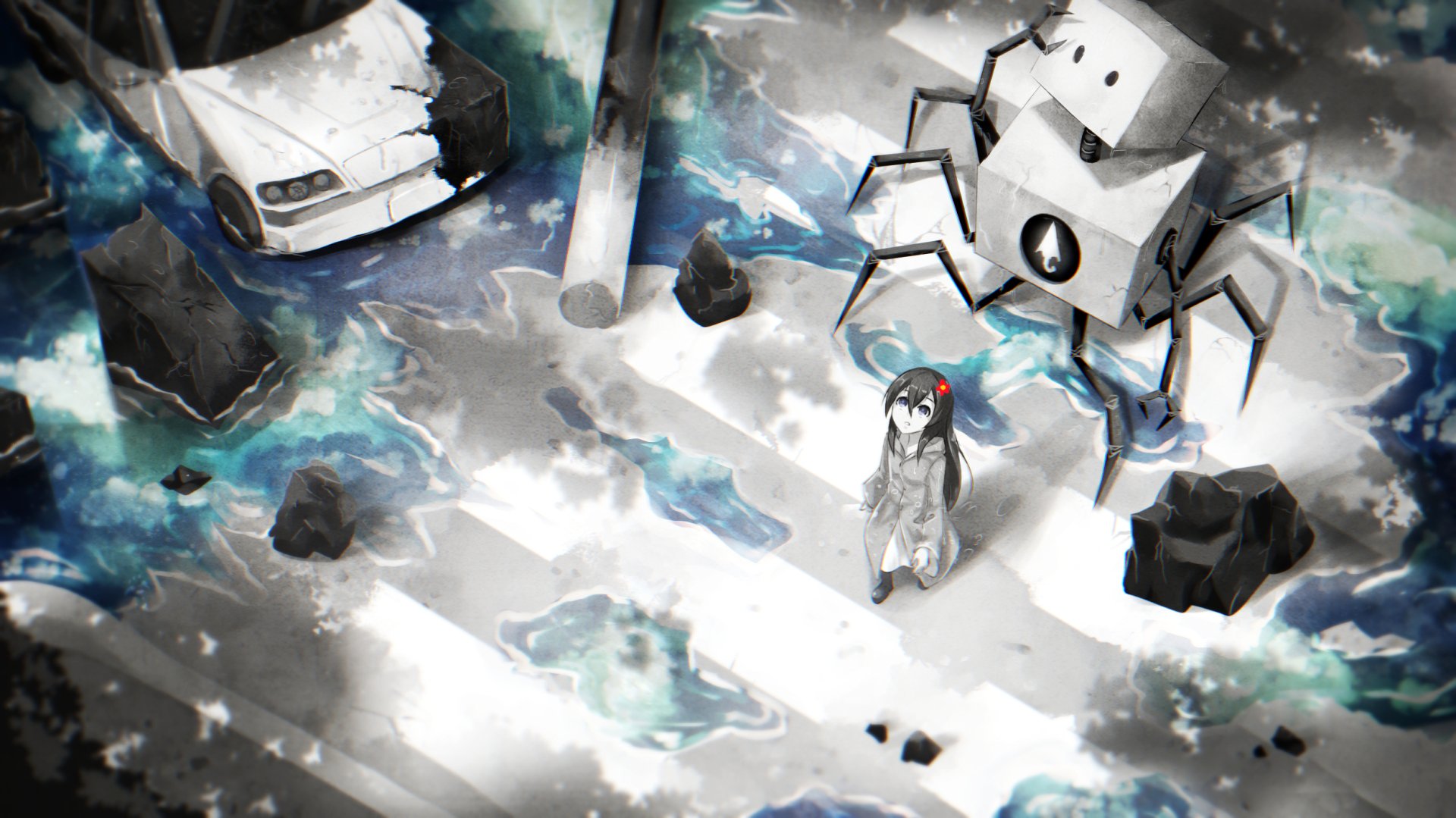 A captivating anime scene featuring a character with black hair and purple eyes, surrounded by a stylized landscape with a robot and a car, creating a unique digital wallpaper.