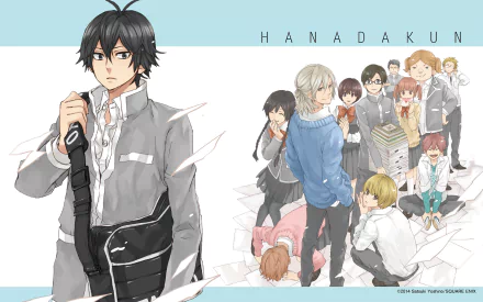 A vibrant HD wallpaper featuring characters Akane Tsutsui, Junichi Aizawa, Reo Nikaidou, Takao Kawafuji, and Seishuu Handa from the anime Handa-Kun.