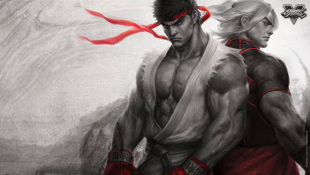 High-definition wallpaper featuring Ken Masters and Ryu from Street Fighter V, showcasing their iconic poses against a dramatic backdrop.