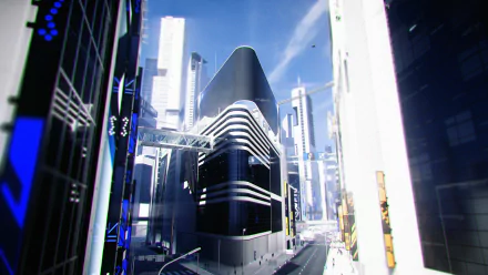 HD PC desktop wallpaper featuring futuristic cityscape from the video game Mirror's Edge Catalyst, showcasing sleek architecture and bright daylight.