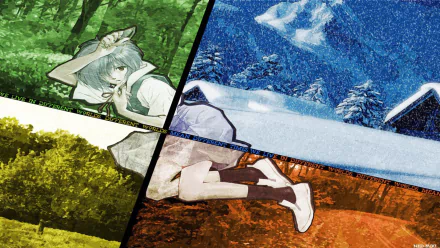 HD PC desktop wallpaper of Rei Ayanami from Neon Genesis Evangelion — stylized four-panel collage with her reclining amid green forest, snowy blue, yellow and orange seasonal scenes.