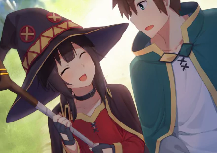 HD desktop wallpaper featuring Kazuma Satou and Megumin from the anime KonoSuba: God's Blessing on This Wonderful World!!. Megumin is smiling brightly while holding her staff, standing beside Kazuma.