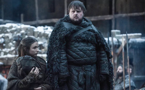John Bradley as Samwell Tarly and Hannah Murray as Gilly from Game of Thrones, featured in a 4K Ultra HD TV show wallpaper background.