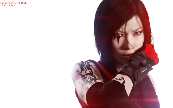 A striking HD wallpaper from the video game Mirror's Edge Catalyst, featuring a dynamic character in an action pose against a bright background.