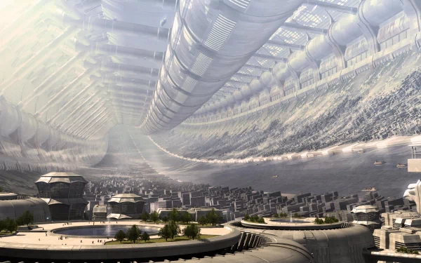 HD desktop wallpaper featuring a futuristic sci-fi city enclosed in a colossal structure with intricate architectural elements and greenery. The image exudes a high-tech, imaginative atmosphere.