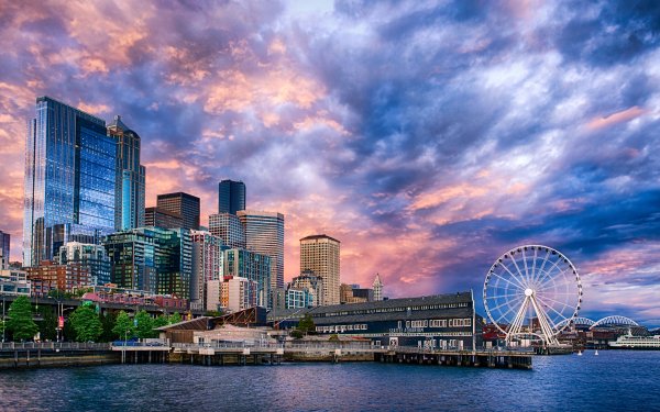 Man Made Seattle Cities United States USA City Building Skyscraper Ferris Wheel Cloud HD Wallpaper | Background Image
