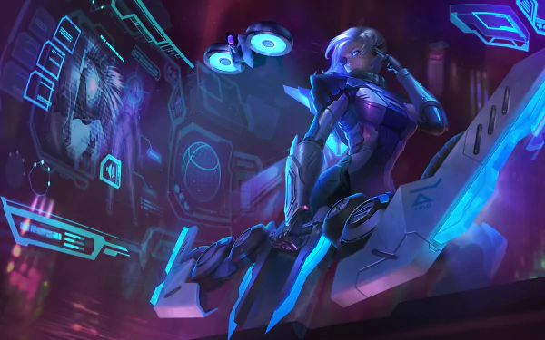 A high-definition desktop wallpaper and background featuring Ashe from League of Legends. The image showcases the video game character in a futuristic setting with glowing blue and purple elements.