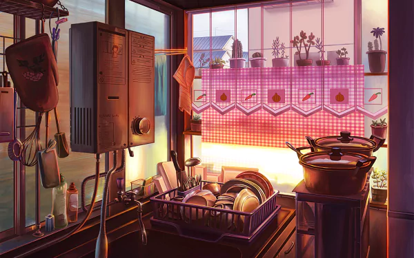A cozy anime-style kitchen scene featuring a sink full of dishes, vibrant plants, and warm sunlight streaming through a window, making it a captivating HD desktop wallpaper.
