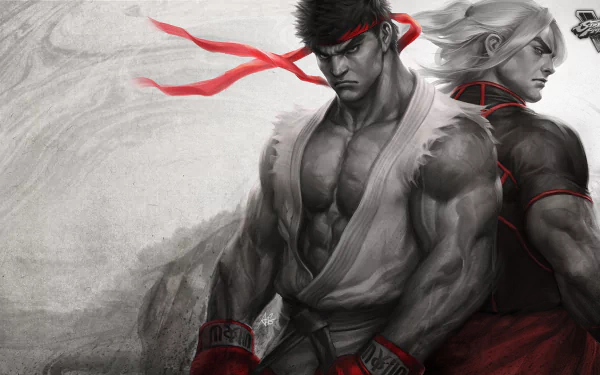 High-definition wallpaper featuring Ken Masters and Ryu from Street Fighter V, showcasing their iconic poses against a dramatic backdrop.