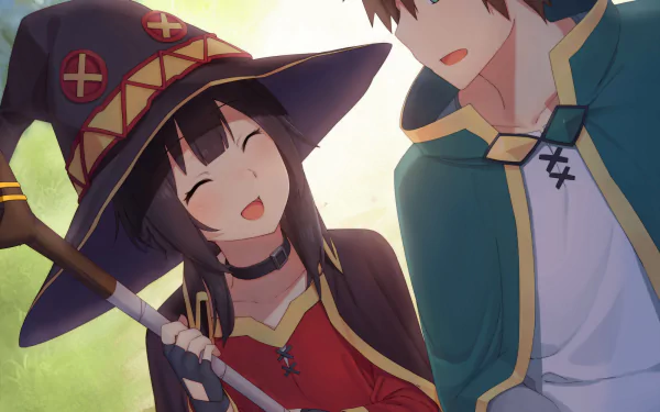 HD desktop wallpaper featuring Kazuma Satou and Megumin from the anime KonoSuba: God's Blessing on This Wonderful World!!. Megumin is smiling brightly while holding her staff, standing beside Kazuma.