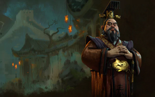 HD Civilization VI desktop wallpaper of Qin Shi Huang, Chinese emperor, standing before a misty Great Wall and ancient palace, cinematic video game art.