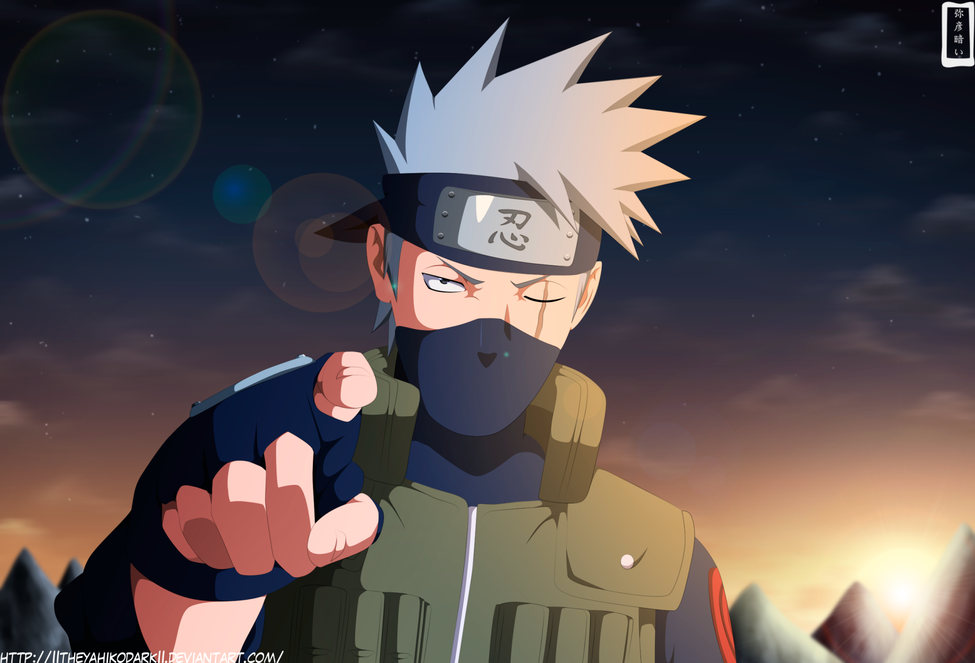 HD desktop wallpaper featuring Kakashi Hatake from the anime Naruto, with a dramatic evening sky in the background.