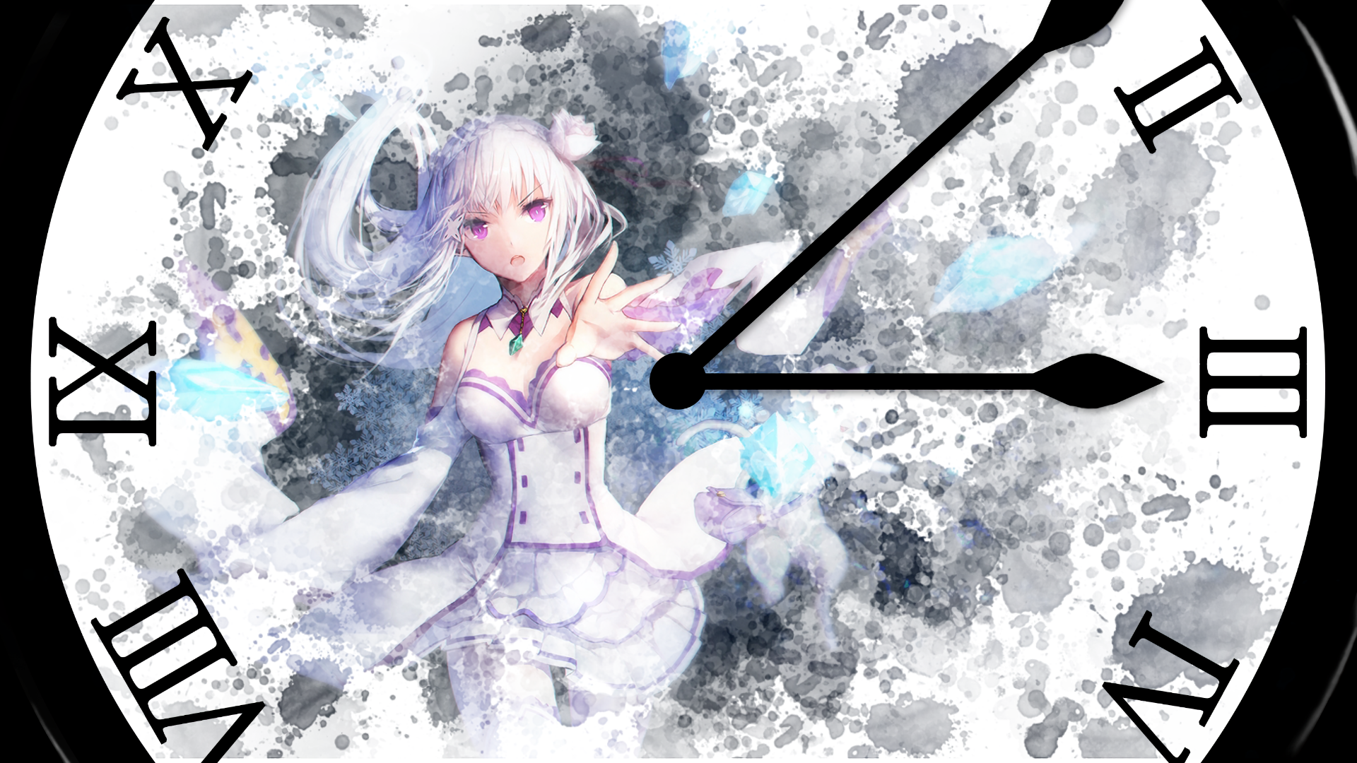 Stunning HD wallpaper featuring Emilia from Re:ZERO - Starting Life in Another World, surrounded by ethereal colors and a clock design, blending fantasy and elegance.