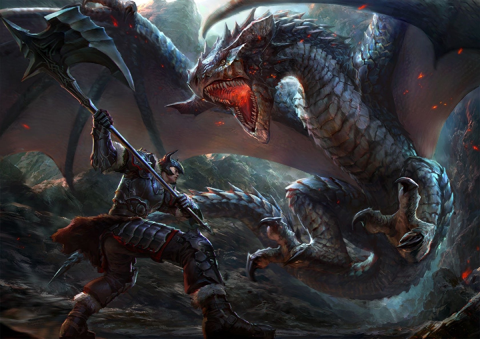 HD fantasy desktop wallpaper featuring an intense battle between a warrior and a fierce wyvern dragon amid a dark, fiery landscape.