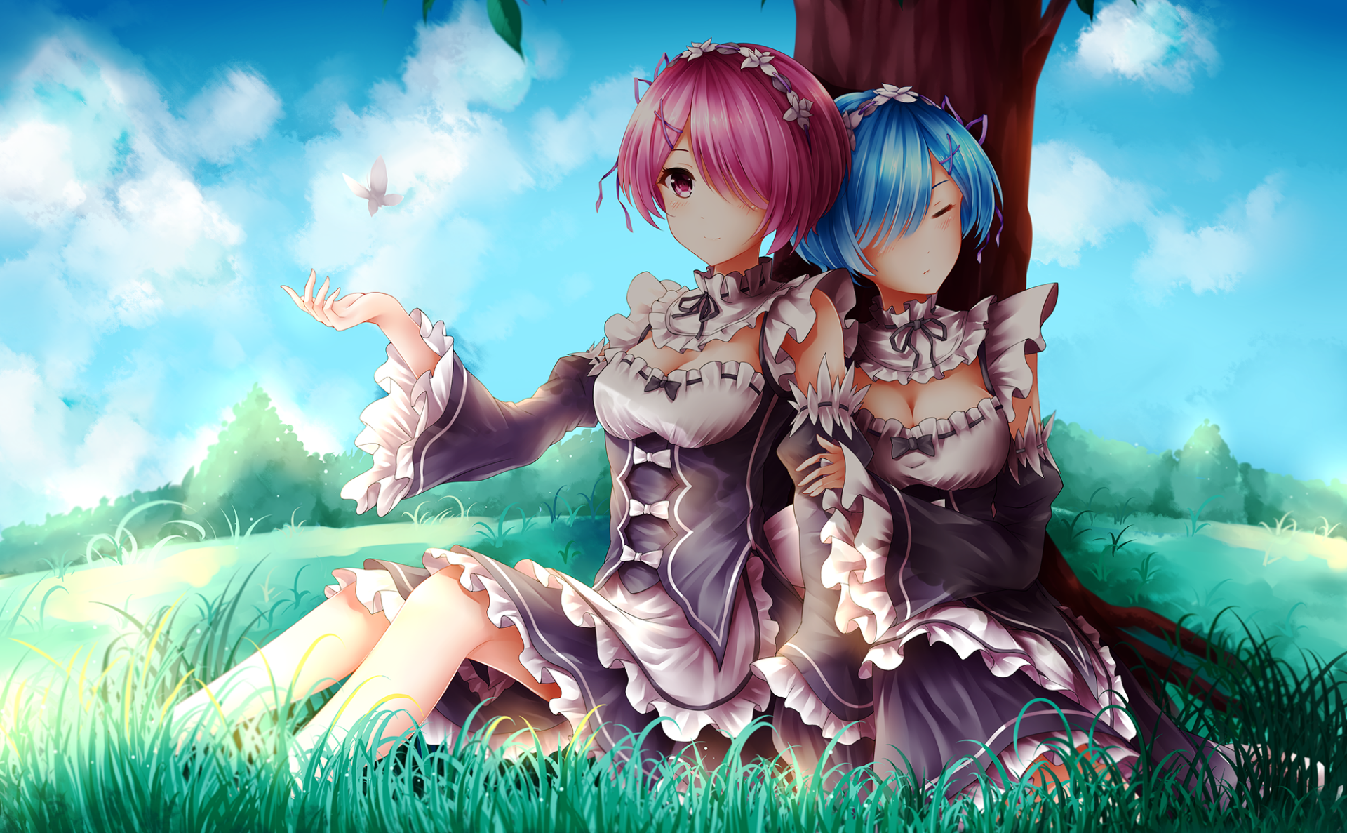 A vibrant HD wallpaper featuring Ram and Rem from Re:ZERO - Starting Life in Another World, sitting together under a tree in a serene, grassy landscape.