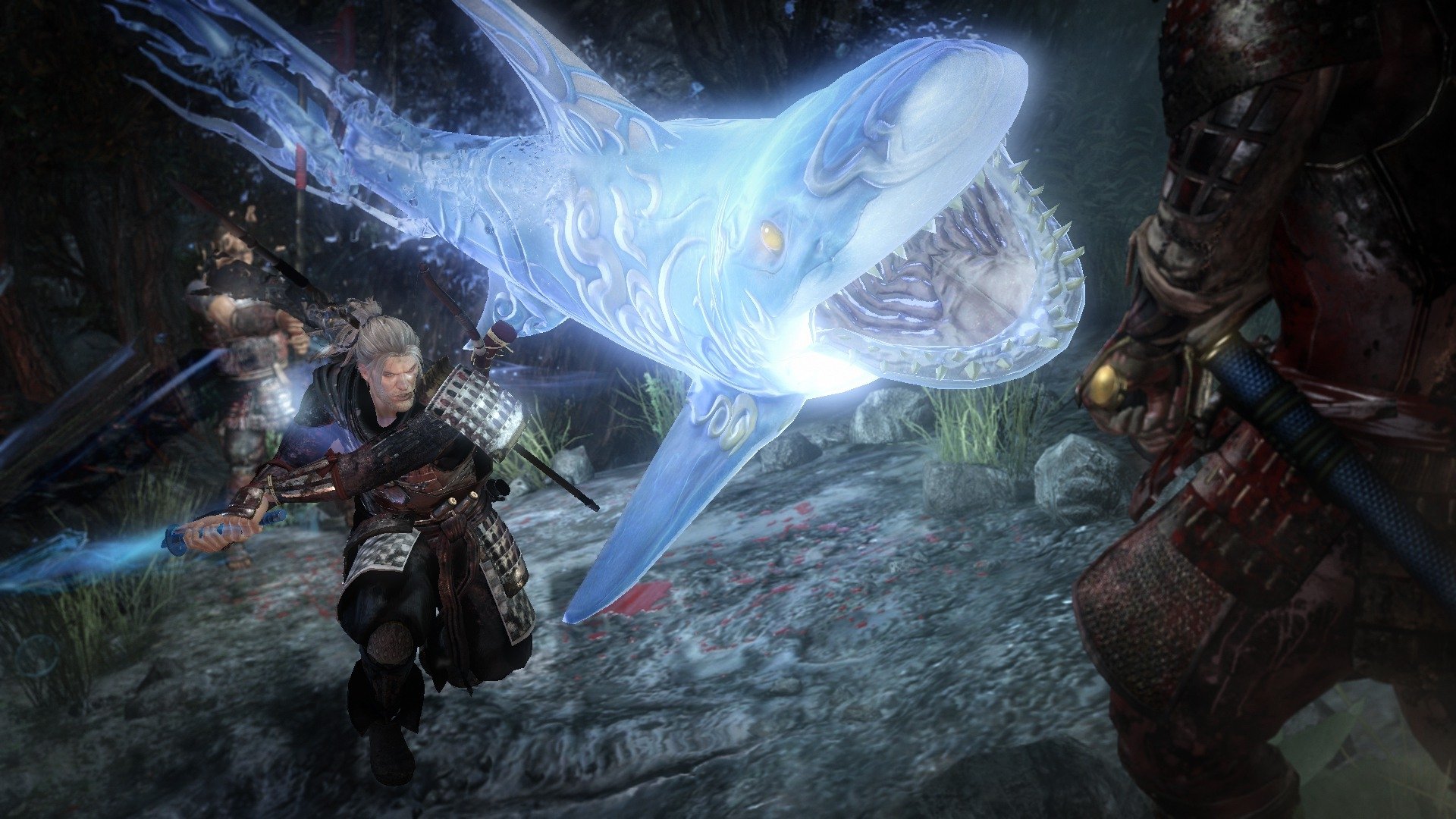 HD PC desktop wallpaper from the video game Nioh, featuring a dynamic underwater battle scene with a translucent shark and armored fighters.