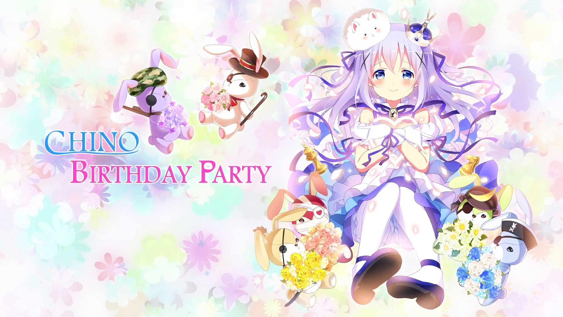HD PC desktop wallpaper featuring Chino from the anime *Is the Order a Rabbit* in a colorful birthday party setting.