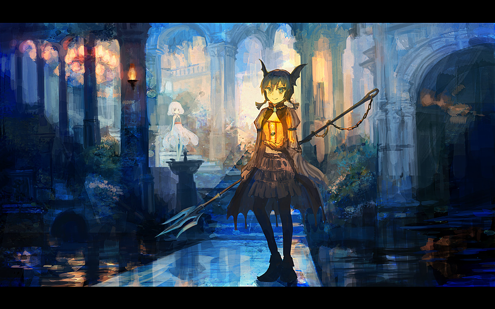 HD anime-style original PC desktop wallpaper featuring a dark, atmospheric scene with a girl holding a spear in a ruined, illuminated cathedral setting.