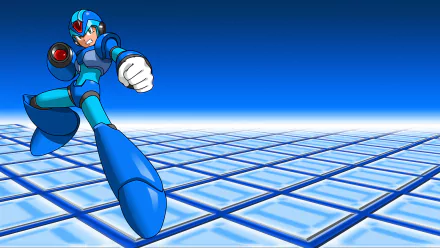 Mega Man X from the video game Mega Man: Maverick Hunter X charges forward over a glowing grid against a vivid blue sky — HD PC desktop wallpaper/background