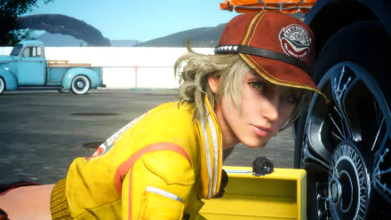 HD desktop wallpaper featuring Cindy Aurum from Final Fantasy XV, showcasing her in a yellow jacket and cap, engaged in a maintenance task beside a car.