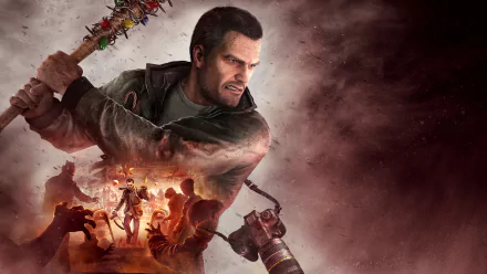 Dead Rising 4 video game 2K Quad HD PC desktop wallpaper and background: protagonist swings a spiked bat and fires a nail gun amid a burning horde of zombies.
