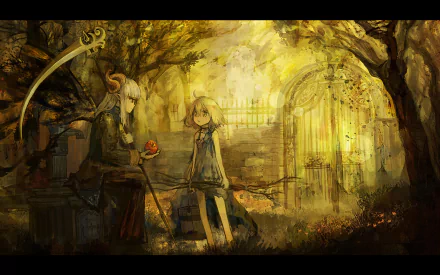 Anime artwork featuring two characters in a mystical, golden-toned setting, surrounded by trees and an ornate gate, serves as a stunning HD PC desktop wallpaper and background.